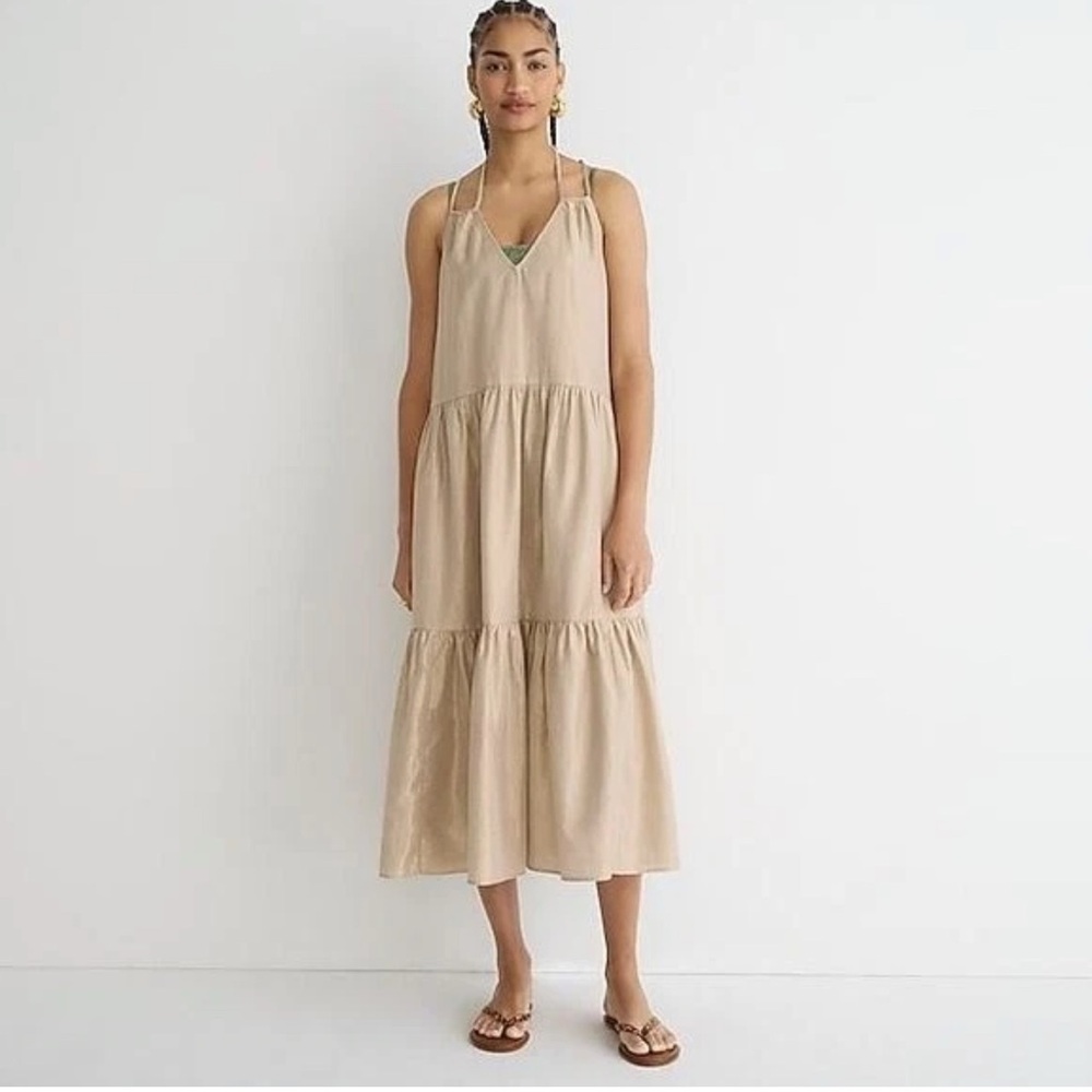 J.Crew Metallic‎ Champagne Halter Tiered Midi Dress (XS)